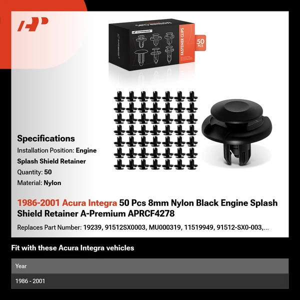 1986-2001 Acura Integra 50 Pcs 8mm Nylon Black Engine Splash Shield Retainer A-Premium APRCF4278