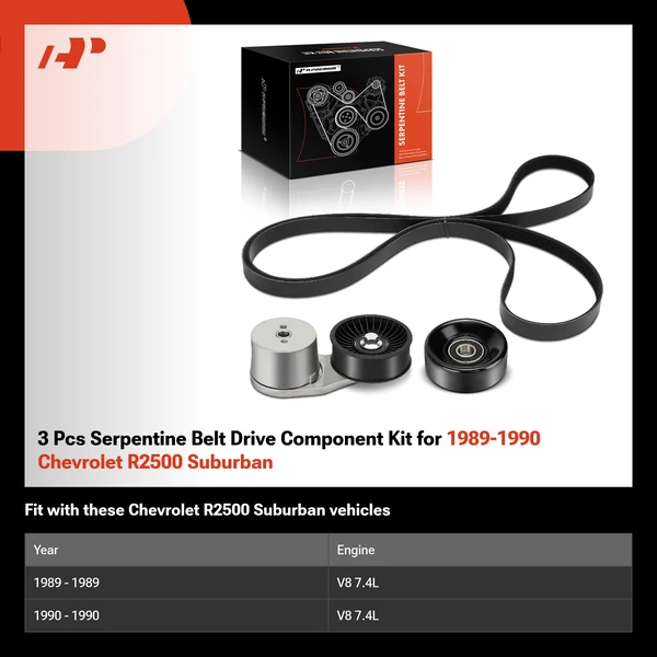 3 Pcs Serpentine Belt Drive Component Kit for 1989-1990 Chevrolet R2500 Suburban