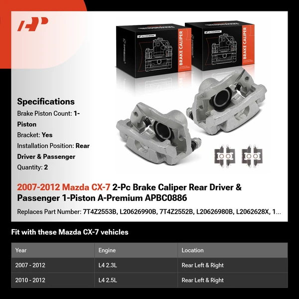 2007-2012 Mazda CX-7 2-Pc Brake Caliper Rear Driver & Passenger 1-Piston A-Premium APBC0886
