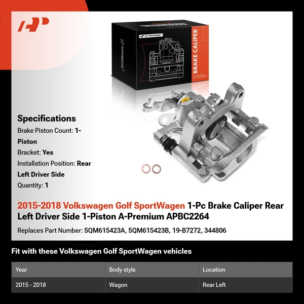 2015-2018 Volkswagen Golf SportWagen 1-Pc Brake Caliper Rear Left Driver Side 1-Piston A-Premium APBC2264