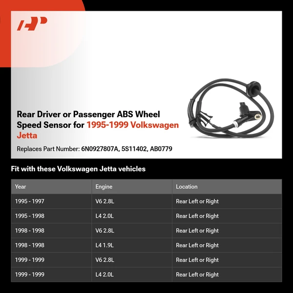 Rear Driver or Passenger ABS Wheel Speed Sensor for 1995-1999 Volkswagen Jetta