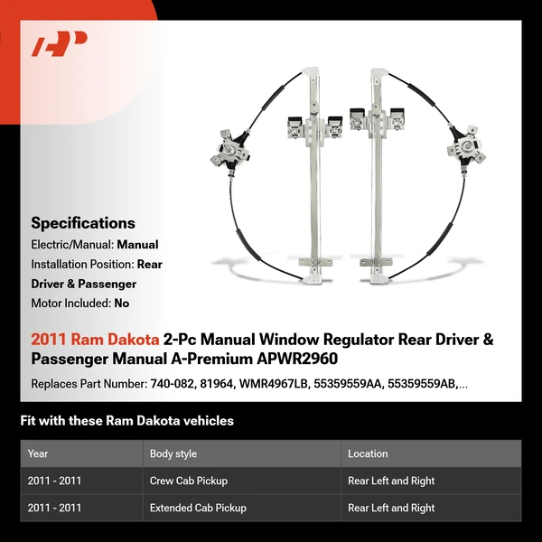 2011 Ram Dakota 2-Pc Manual Window Regulator Rear Driver & Passenger Manual A-Premium APWR2960