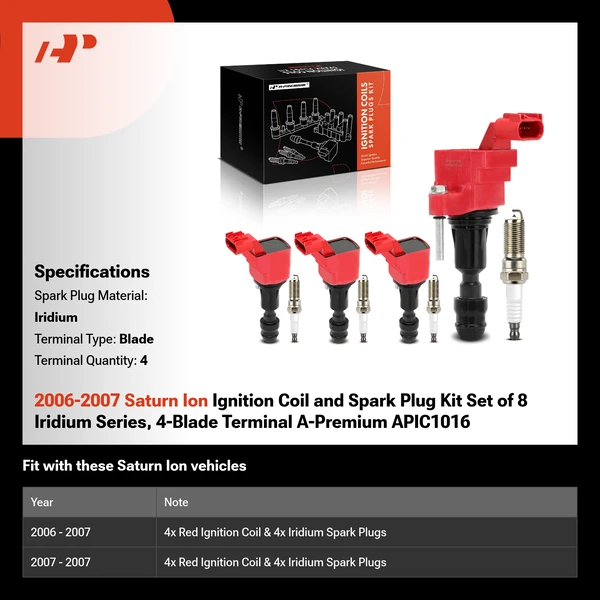 2006-2007 Saturn Ion Ignition Coil and Spark Plug Kit Set of 8 Iridium Series, 4-Blade Terminal A-Premium APIC1016