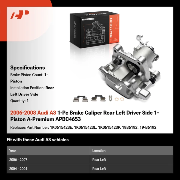 2006-2008 Audi A3 1-Pc Brake Caliper Rear Left Driver Side 1-Piston A-Premium APBC4653