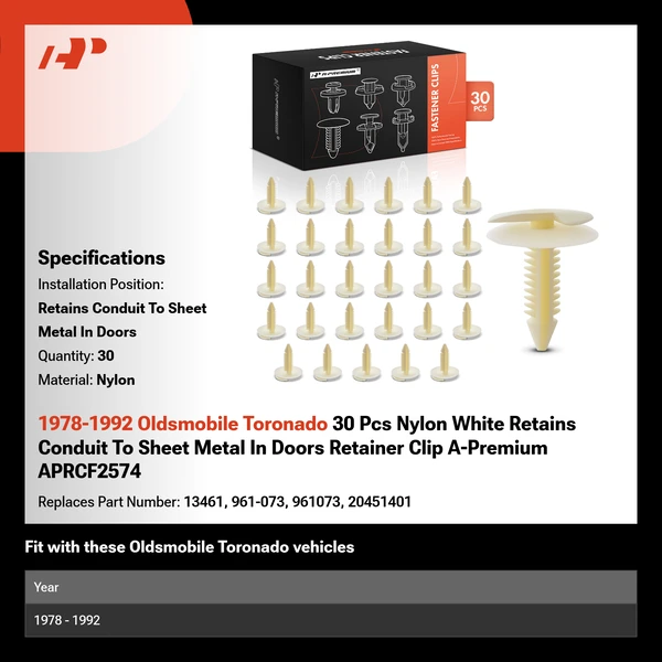 1978-1992 Oldsmobile Toronado 30 Pcs Nylon White Retains Conduit To Sheet Metal In Doors Retainer Clip A-Premium APRCF2574