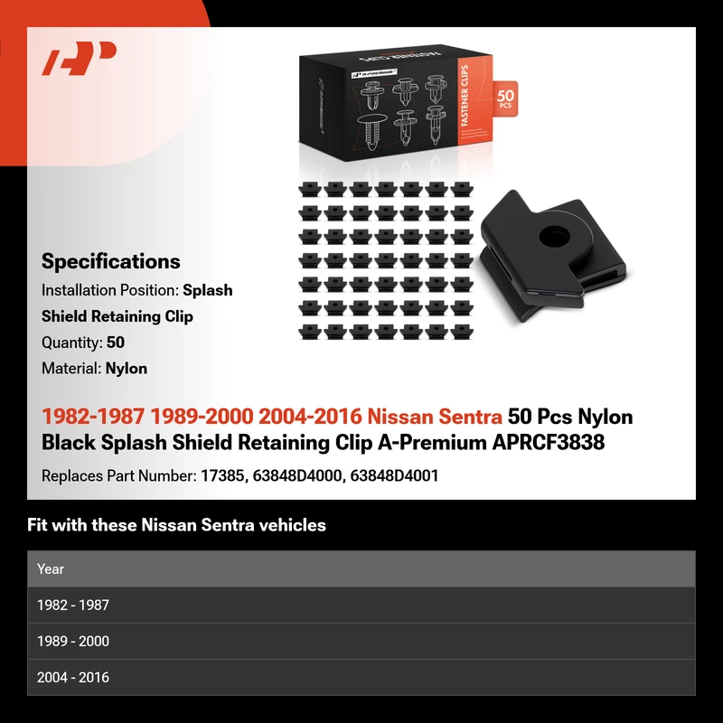 1982-1987 1989-2000 2004-2016 Nissan Sentra 50 Pcs Nylon Black Splash Shield Retaining Clip A-Premium APRCF3838