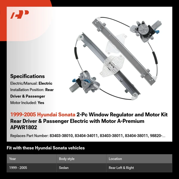 1999-2005 Hyundai Sonata 2-Pc Window Regulator and Motor Kit Rear Driver & Passenger Electric with Motor A-Premium APWR1802
