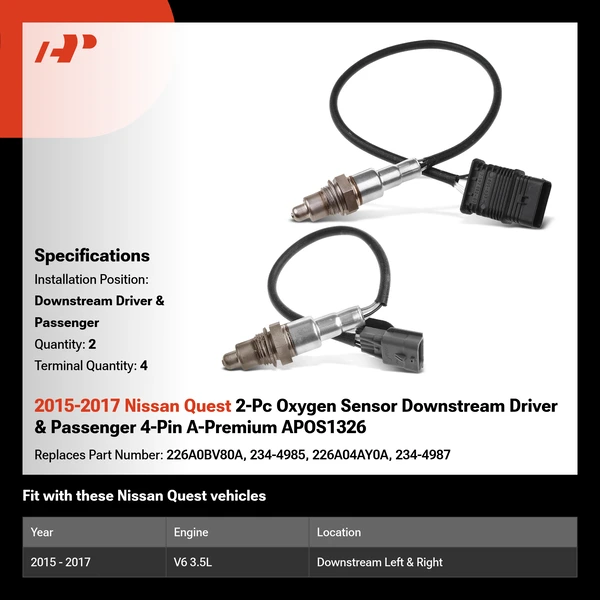 2015-2017 Nissan Quest 2-Pc Oxygen Sensor Downstream Driver & Passenger 4-Pin A-Premium APOS1326