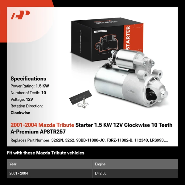 2001-2004 Mazda Tribute Starter 1.5 KW 12V Clockwise 10 Teeth A-Premium APSTR257