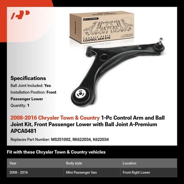2008-2016 Chrysler Town & Country 1-Pc Control Arm and Ball Joint Kit, Front Passenger Lower with Ball Joint A-Premium APCA0481