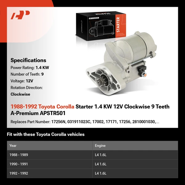 1988-1992 Toyota Corolla Starter 1.4 KW 12V Clockwise 9 Teeth A-Premium APSTR501