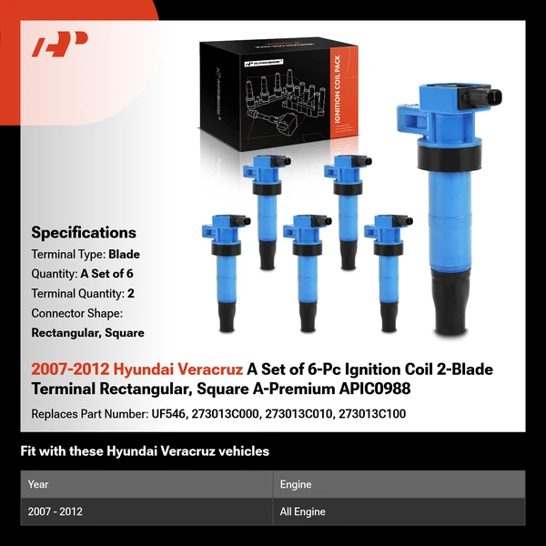 2007-2012 Hyundai Veracruz A Set of 6-Pc Ignition Coil 2-Blade Terminal Rectangular, Square A-Premium APIC0988