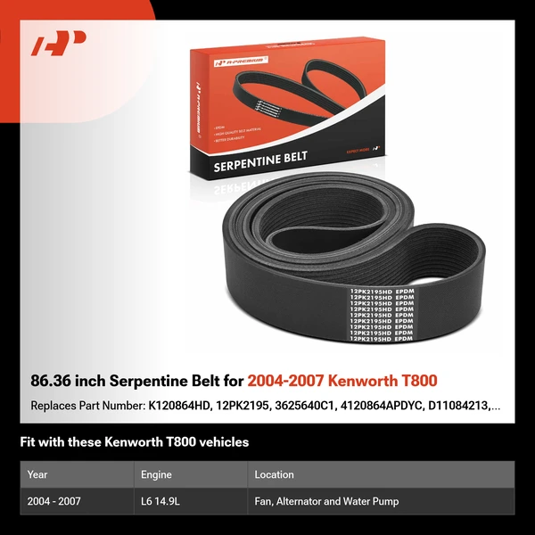86.36 inch Serpentine Belt for 2004-2007 Kenworth T800
