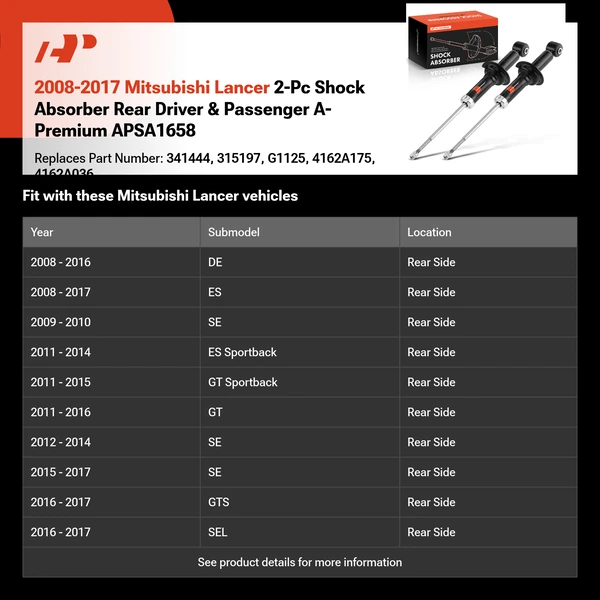 2008-2017 Mitsubishi Lancer 2-Pc Shock Absorber Rear Driver & Passenger A-Premium APSA1658