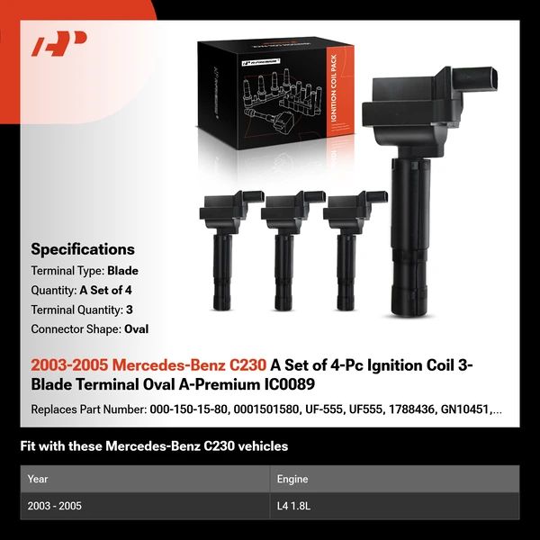 2003-2005 Mercedes-Benz C230 A Set of 4-Pc Ignition Coil 3-Blade Terminal Oval A-Premium IC0089