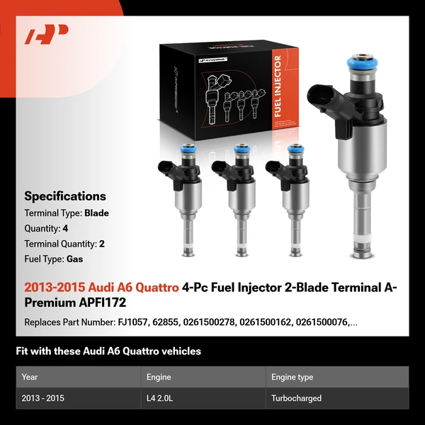 2013-2015 Audi A6 Quattro 4-Pc Fuel Injector 2-Blade Terminal A-Premium APFI172