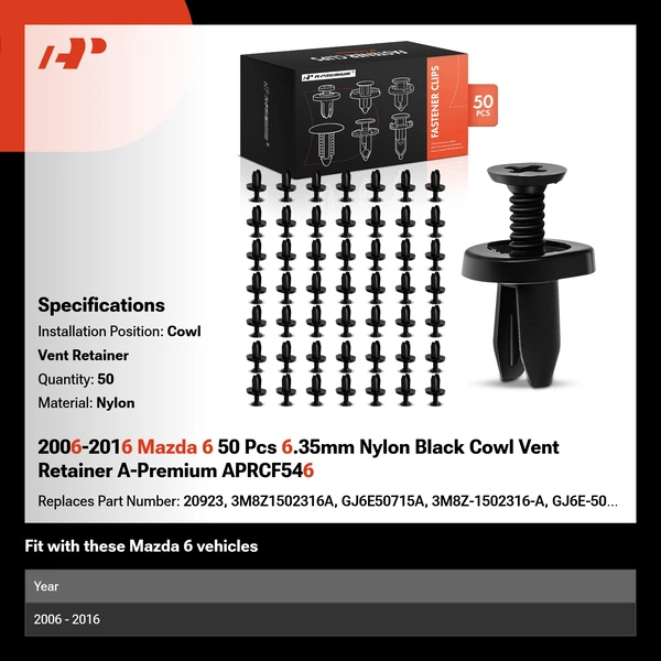 2006-2016 Mazda 6 50 Pcs 6.35mm Nylon Black Cowl Vent Retainer A-Premium APRCF546