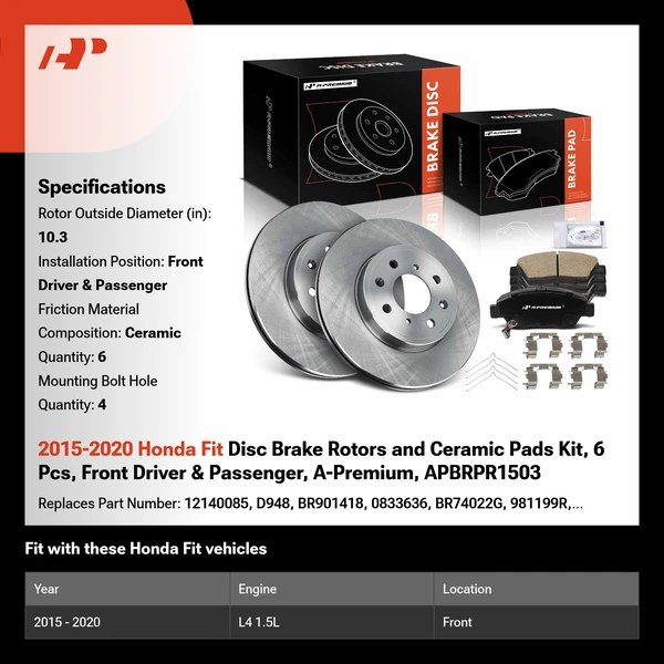 2015-2020 Honda Fit Disc Brake Rotors and Ceramic Pads Kit, 6 Pcs, Front Driver & Passenger, A-Premium, APBRPR1503