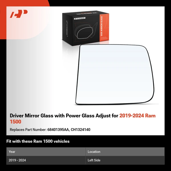 Driver Mirror Glass with Power Glass Adjust for 2019-2024 Ram 1500
