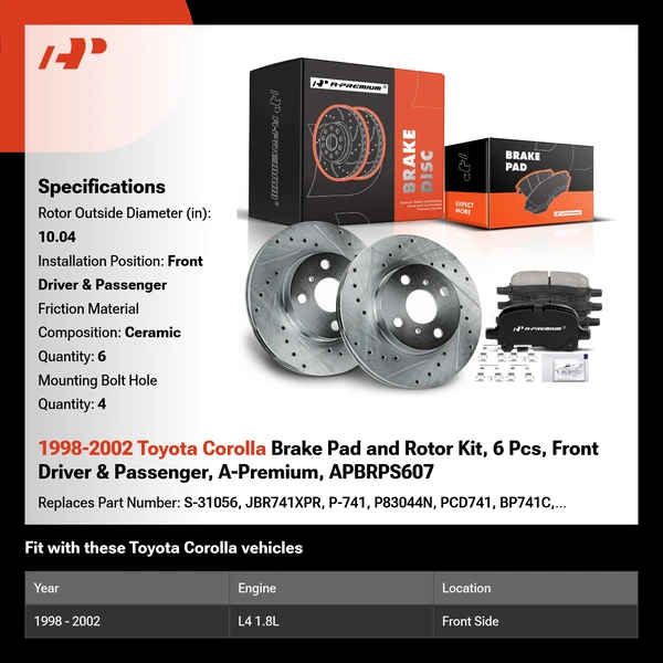 1998-2002 Toyota Corolla Brake Pad and Rotor Kit, 6 Pcs, Front Driver & Passenger, A-Premium, APBRPS607