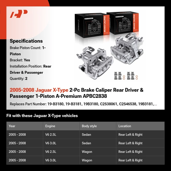 2005-2008 Jaguar X-Type 2-Pc Brake Caliper Rear Driver & Passenger 1-Piston A-Premium APBC2838