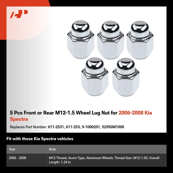 5 Pcs Front or Rear M12-1.5 Wheel Lug Nut for 2006-2008 Kia Spectra