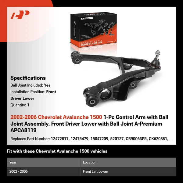 2002-2006 Chevrolet Avalanche 1500 1-Pc Control Arm with Ball Joint Assembly, Front Driver Lower with Ball Joint A-Premium APCA8119