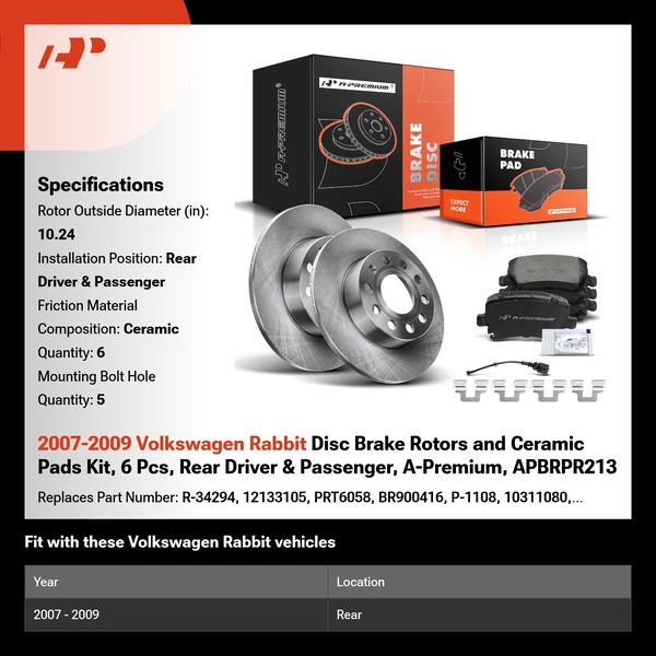 2007-2009 Volkswagen Rabbit Disc Brake Rotors and Ceramic Pads Kit, 6 Pcs, Rear Driver & Passenger, A-Premium, APBRPR213