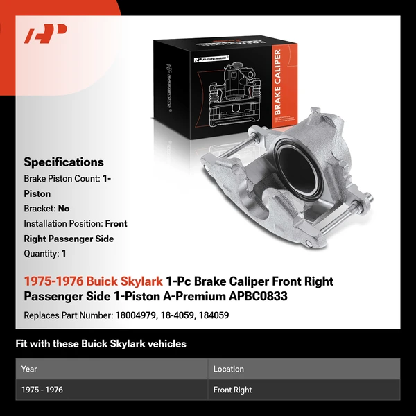 1975-1976 Buick Skylark 1-Pc Brake Caliper Front Right Passenger Side 1-Piston A-Premium APBC0833