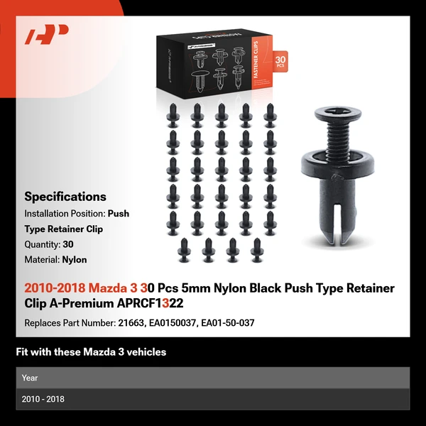 2010-2018 Mazda 3 30 Pcs 5mm Nylon Black Push Type Retainer Clip A-Premium APRCF1322