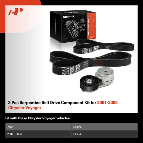 3 Pcs Serpentine Belt Drive Component Kit for 2001-2003 Chrysler Voyager