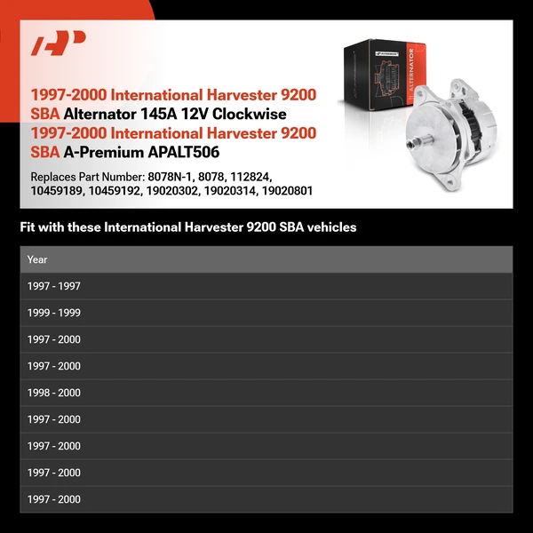 1997-2000 International Harvester 9200 SBA Alternator 145A 12V Clockwise 1997-2000 International Harvester 9200 SBA A-Premium APALT506