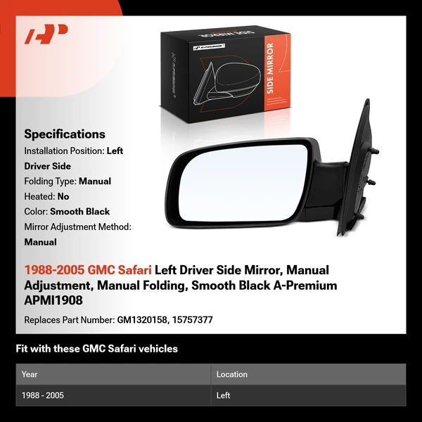 1988-2005 GMC Safari Left Driver Side Mirror, Manual Adjustment, Manual Folding, Smooth Black A-Premium APMI1908