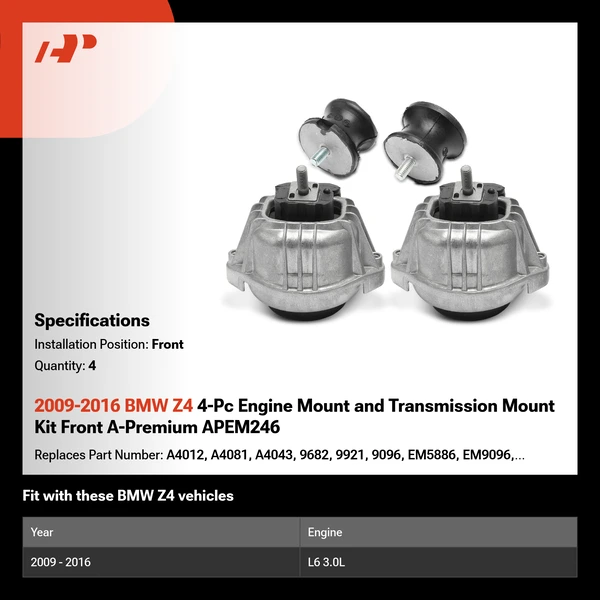 2009-2016 BMW Z4 4-Pc Engine Mount and Transmission Mount Kit Front A-Premium APEM246