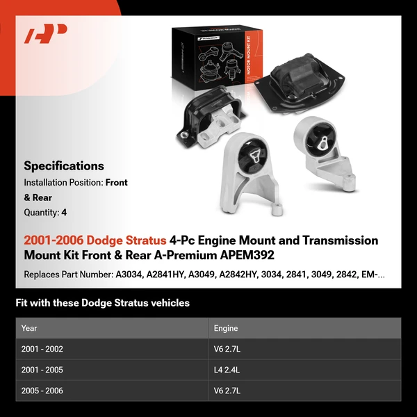 2001-2006 Dodge Stratus 4-Pc Engine Mount and Transmission Mount Kit Front & Rear A-Premium APEM392