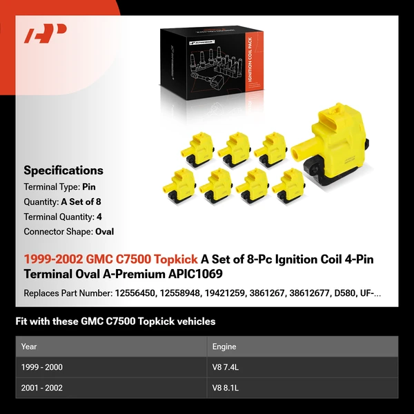 1999-2002 GMC C7500 Topkick A Set of 8-Pc Ignition Coil 4-Pin Terminal Oval A-Premium APIC1069
