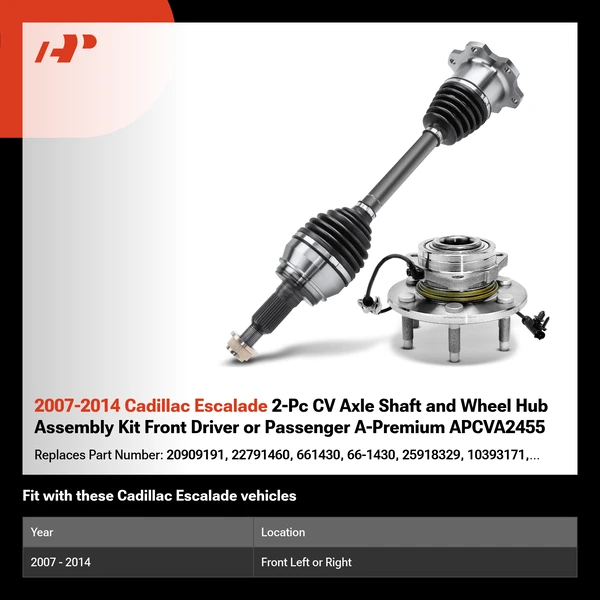 2007-2014 Cadillac Escalade 2-Pc CV Axle Shaft and Wheel Hub Assembly Kit Front Driver or Passenger A-Premium APCVA2455