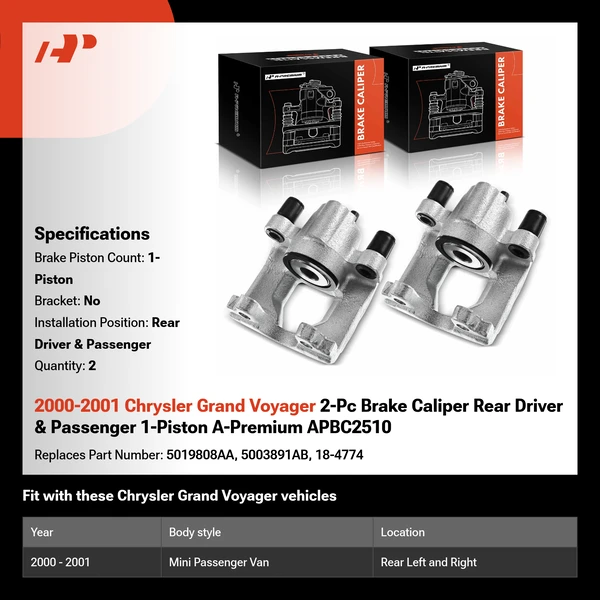 2000-2001 Chrysler Grand Voyager 2-Pc Brake Caliper Rear Driver & Passenger 1-Piston A-Premium APBC2510