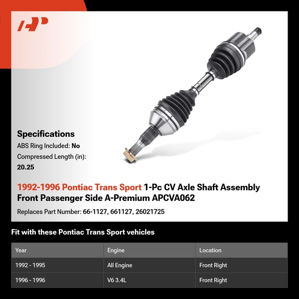 1992-1996 Pontiac Trans Sport 1-Pc CV Axle Shaft Assembly Front Passenger Side A-Premium APCVA062