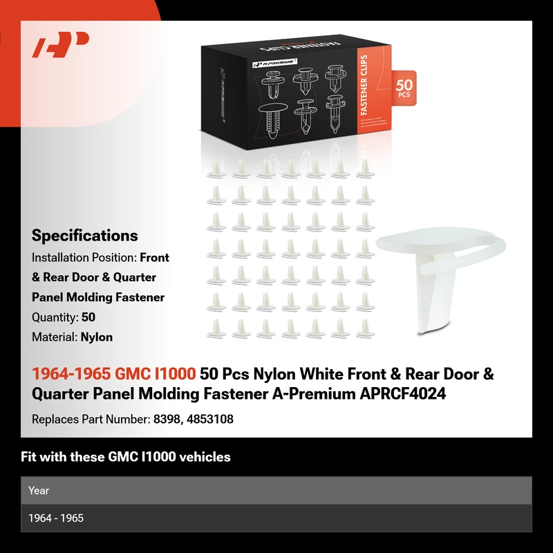 1964-1965 GMC I1000 50 Pcs Nylon White Front & Rear Door & Quarter Panel Molding Fastener A-Premium APRCF4024