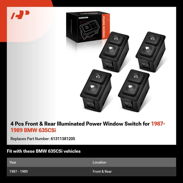 4 Pcs Front & Rear Illuminated Power Window Switch for 1987-1989 BMW 635CSi