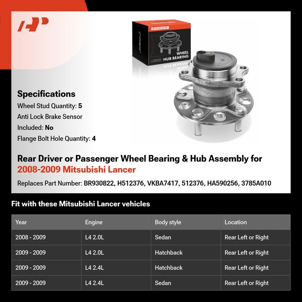 Rear Driver or Passenger Wheel Bearing & Hub Assembly for 2008-2009 Mitsubishi Lancer