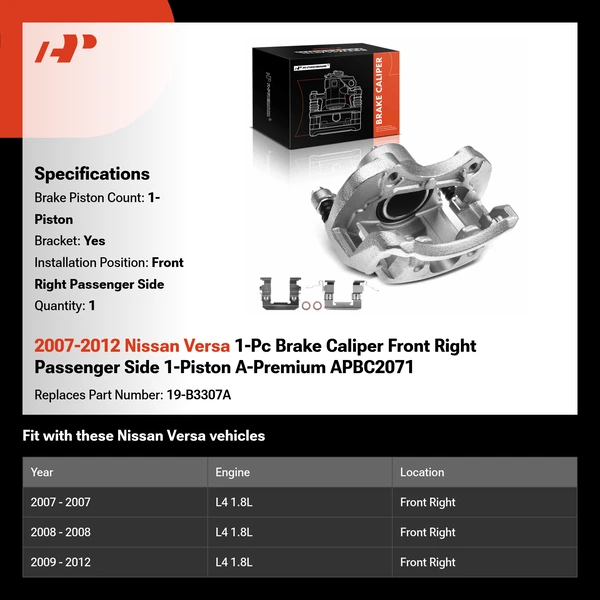 2007-2012 Nissan Versa 1-Pc Brake Caliper Front Right Passenger Side 1-Piston A-Premium APBC2071
