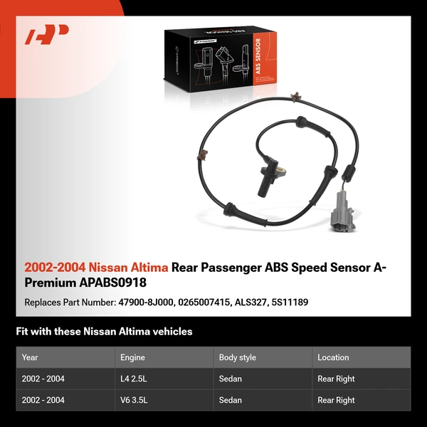 2002-2004 Nissan Altima Rear Passenger ABS Speed Sensor A-Premium APABS0918