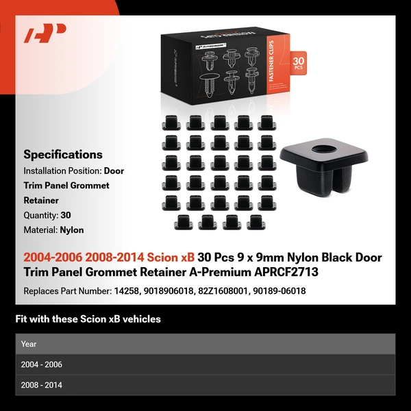2004-2006 2008-2014 Scion xB 30 Pcs 9 x 9mm Nylon Black Door Trim Panel Grommet Retainer A-Premium APRCF2713