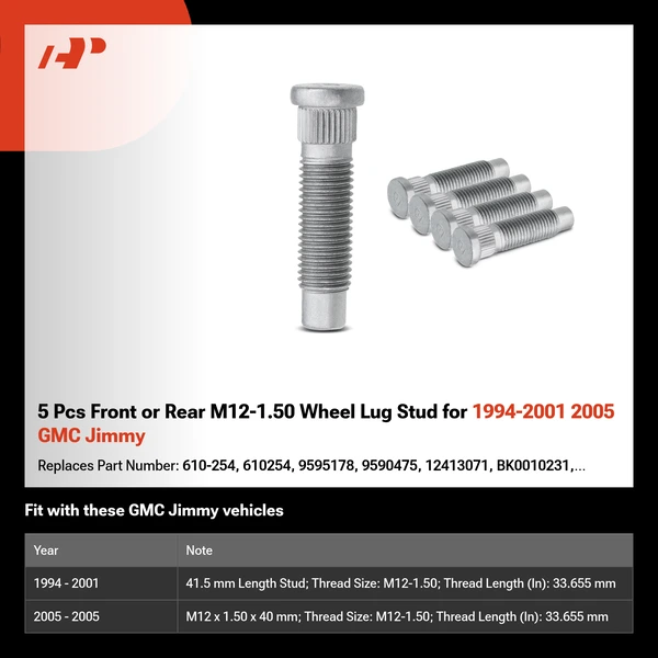 5 Pcs Front or Rear M12-1.50 Wheel Lug Stud for 1994-2001 2005 GMC Jimmy