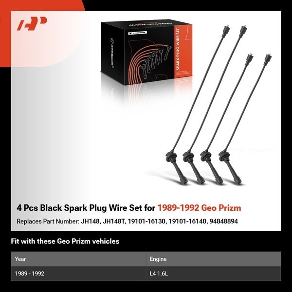 4 Pcs Black Spark Plug Wire Set for 1989-1992 Geo Prizm