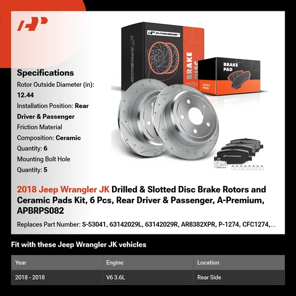 2018 Jeep Wrangler JK Drilled & Slotted Disc Brake Rotors and Ceramic Pads Kit, 6 Pcs, Rear Driver & Passenger, A-Premium, APBRPS082