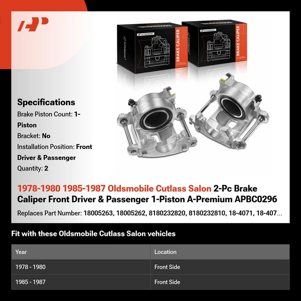 1978-1980 1985-1987 Oldsmobile Cutlass Salon 2-Pc Brake Caliper Front Driver & Passenger 1-Piston A-Premium APBC0296