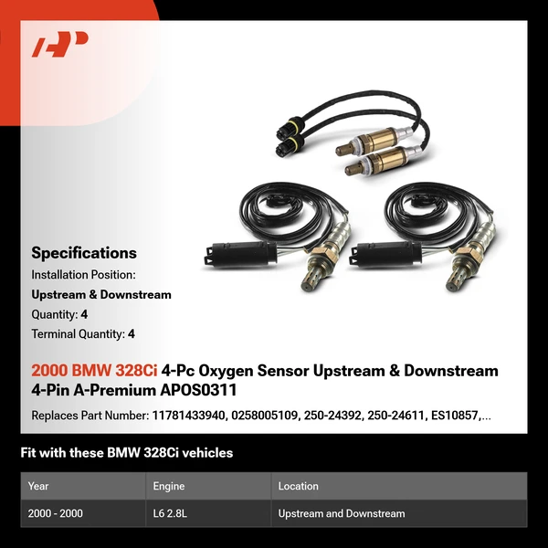 2000 BMW 328Ci 4-Pc Oxygen Sensor Upstream & Downstream 4-Pin A-Premium APOS0311
